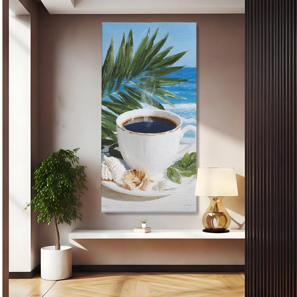 Tablou canvas cu tablou canvas cu ceasca de cafea pe plaja, fara rama, pe sasiu de lemn